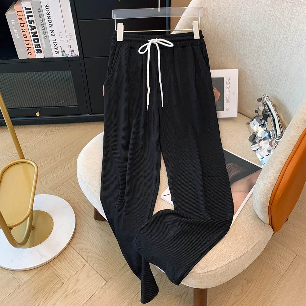 

Plus size women's casual black nine-point pants elastic waist spring and autumn high waist straight leg pants 2024 new pants