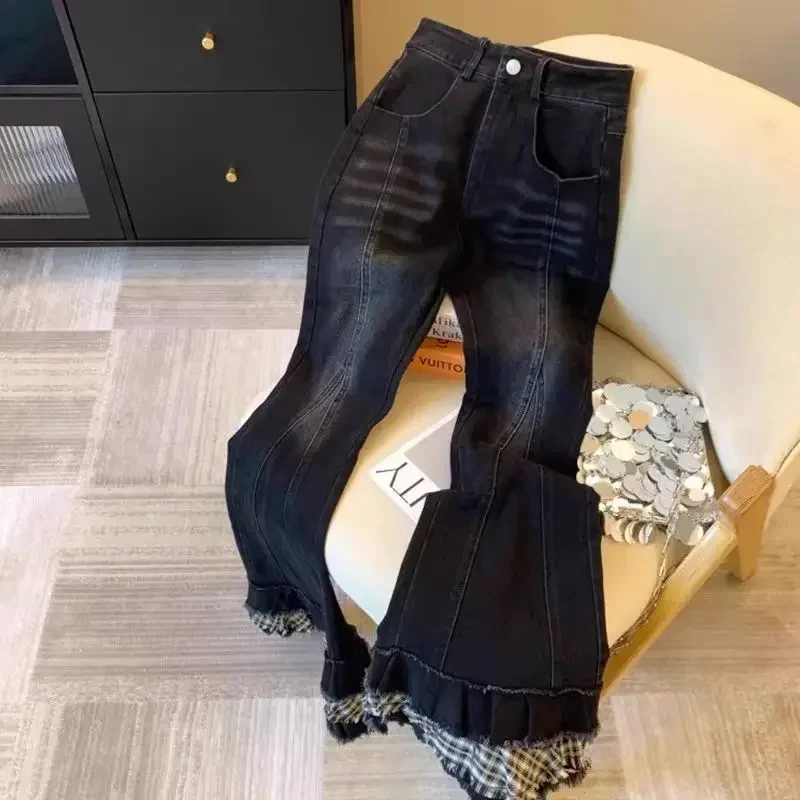 

Женские винтажные готические черные джинсы, осень 2023, прямые свободные джинсовые брюки с высокой талией, американские классические расклешенные брюки Y2k