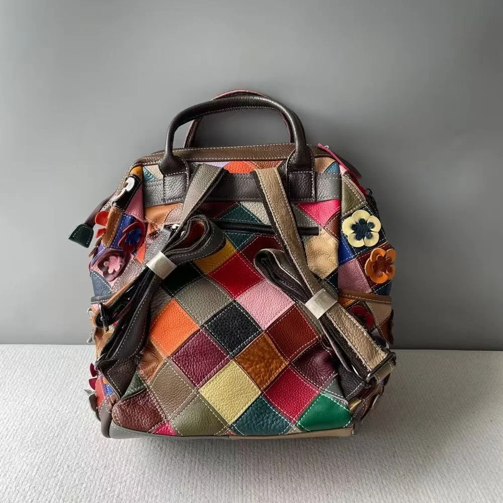 Colorful Floal Real Cow Leather Backpack 2026 New Woman Genuine Leather Travel Bag Fashion Ladies Cowhide Tote or Shoulder Bag