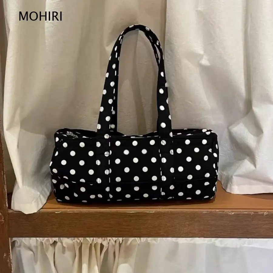 2026 Korean Style Black and White Polka Dot Tote Bag Large Capacity Single Shoulder Bag Casual Travel Handbag for Women