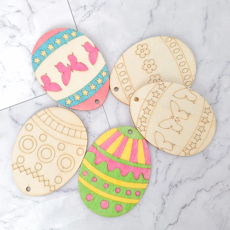 10pcs Easter Wooden Eggs Pendant Multi Type Wood Slices Hanging Ornaments For Easter Home Party Decoration Kids DIY Painting