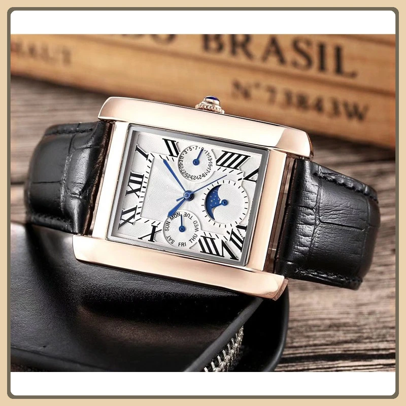 Luxury Watch Men Automatic Watch Tank Series Roman Numerals Calendar Moon Week Leather Strap Elegant Mechanical Watch for Women