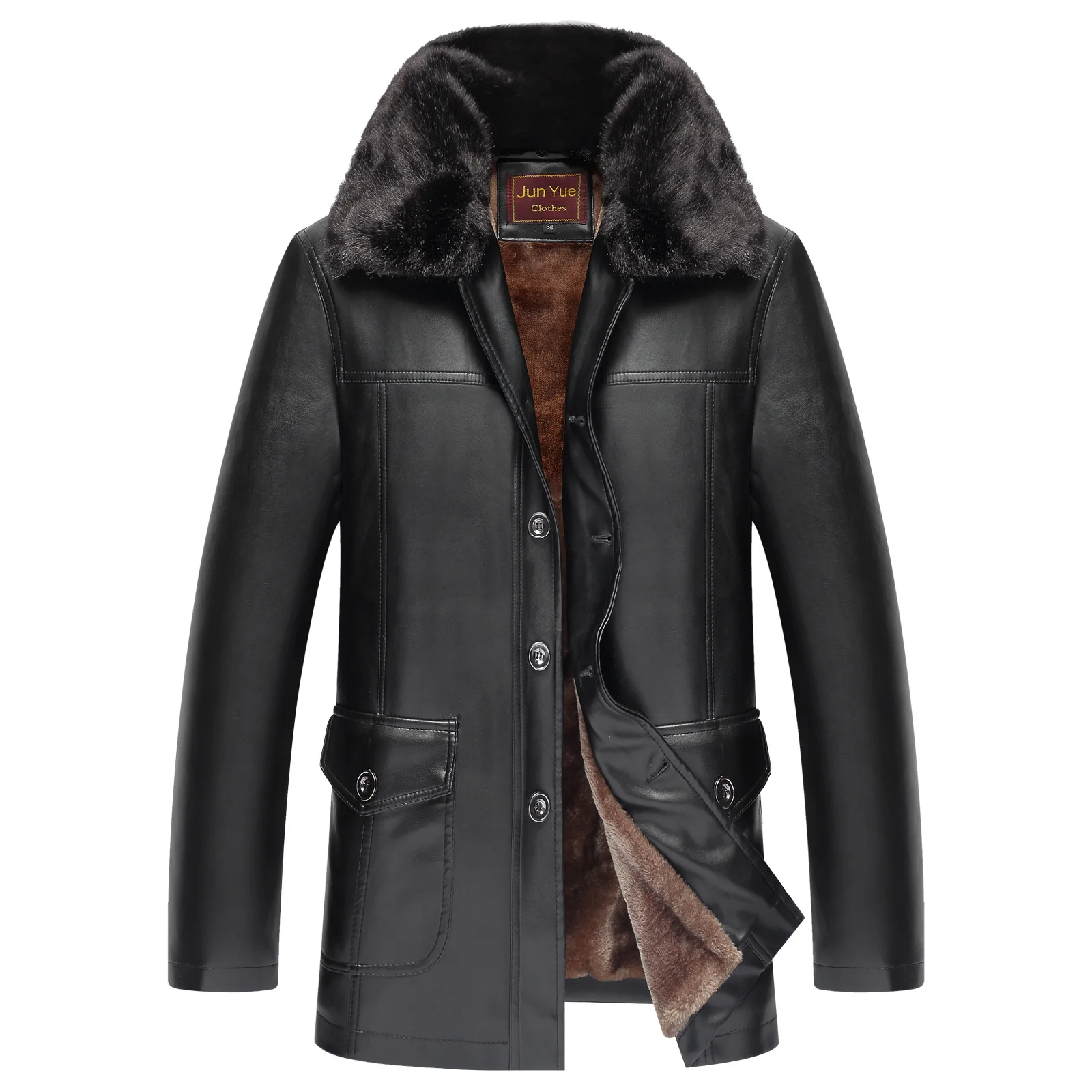 Mid-length Casual Men\'s Jackets Black Parkas With Buttons Outwear Male PU Warm Leather Coats Men Faux Leather Jacket MY595