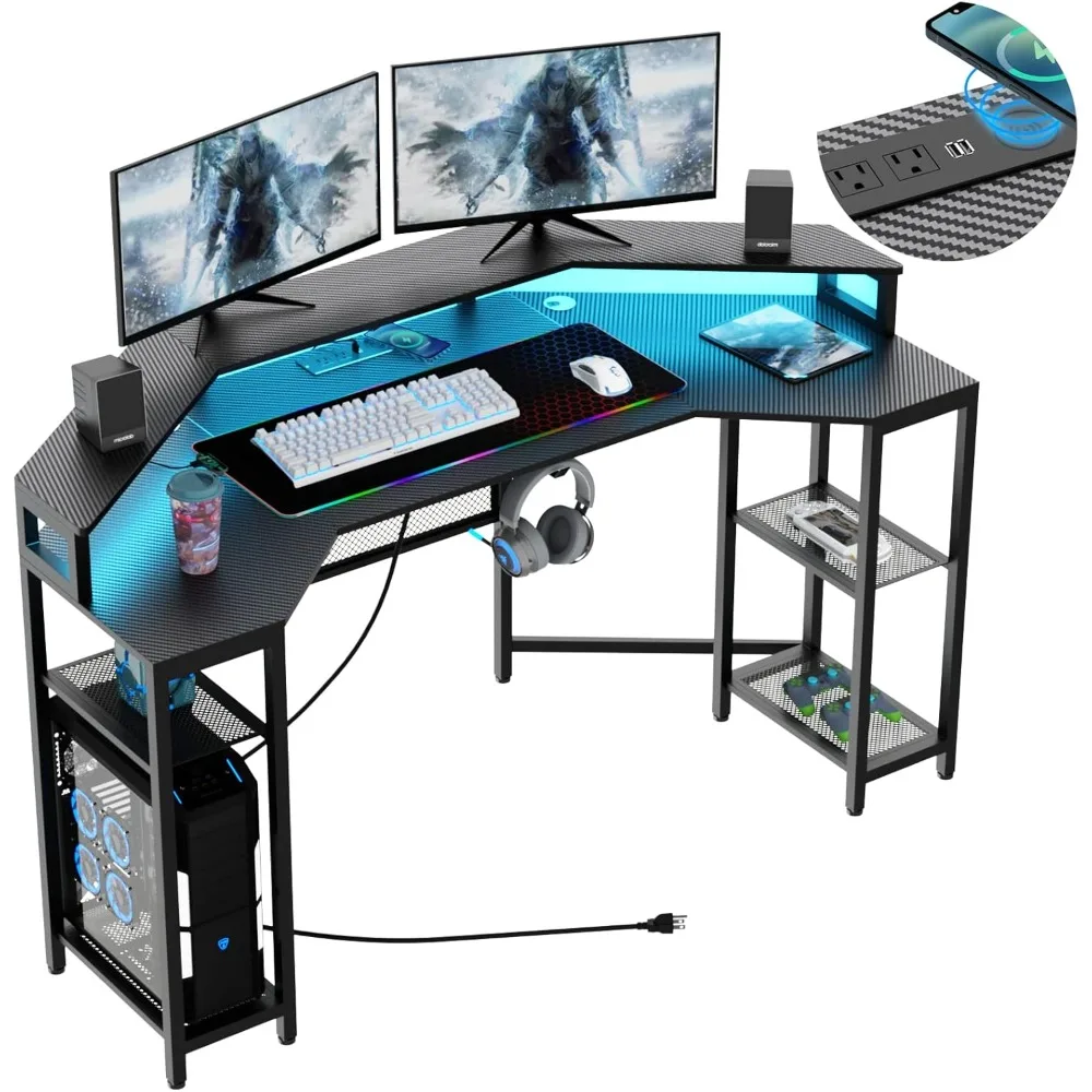 A Computer Desk with Power Sockets and LED Lights, 63 Large Wing Shaped Gaming Tables with Full Monitor Stands,wireless Charging