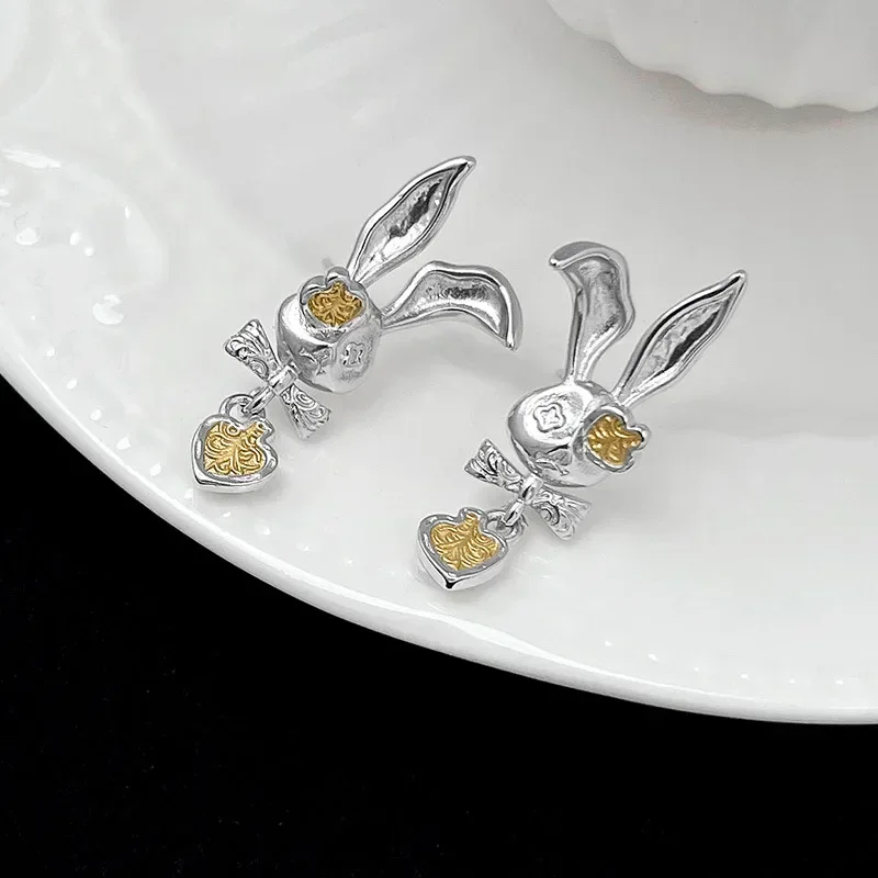 925 Sterling Silver Bow Bunny Color-blocking Stud Earrings For Women 2024 Korean Wedding Party Jewelry Gift Female Pendientes