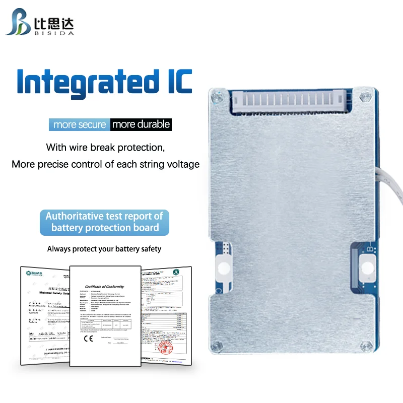 Bisida BMS Lifepo4 Battery 36V/48V51.2V/12S/15S/16S Common port Chargeable with balance NTC for Electric bicycle solar