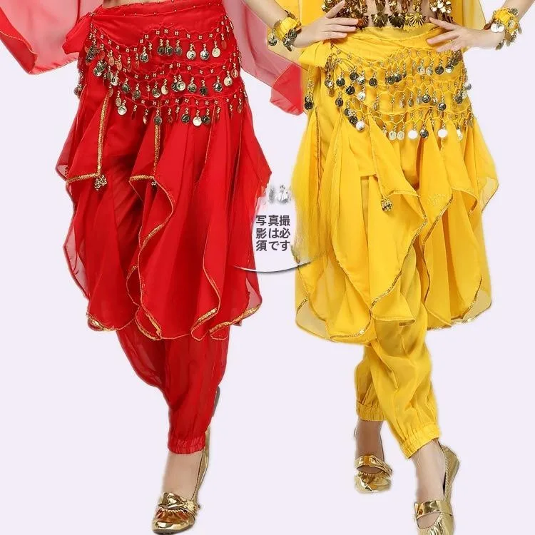 Belly Dance Skirted Trousers Halloween Performance Costume Gold Rimmed Bell Bottoms Rotation Pants Ethnic Stage Wear Women