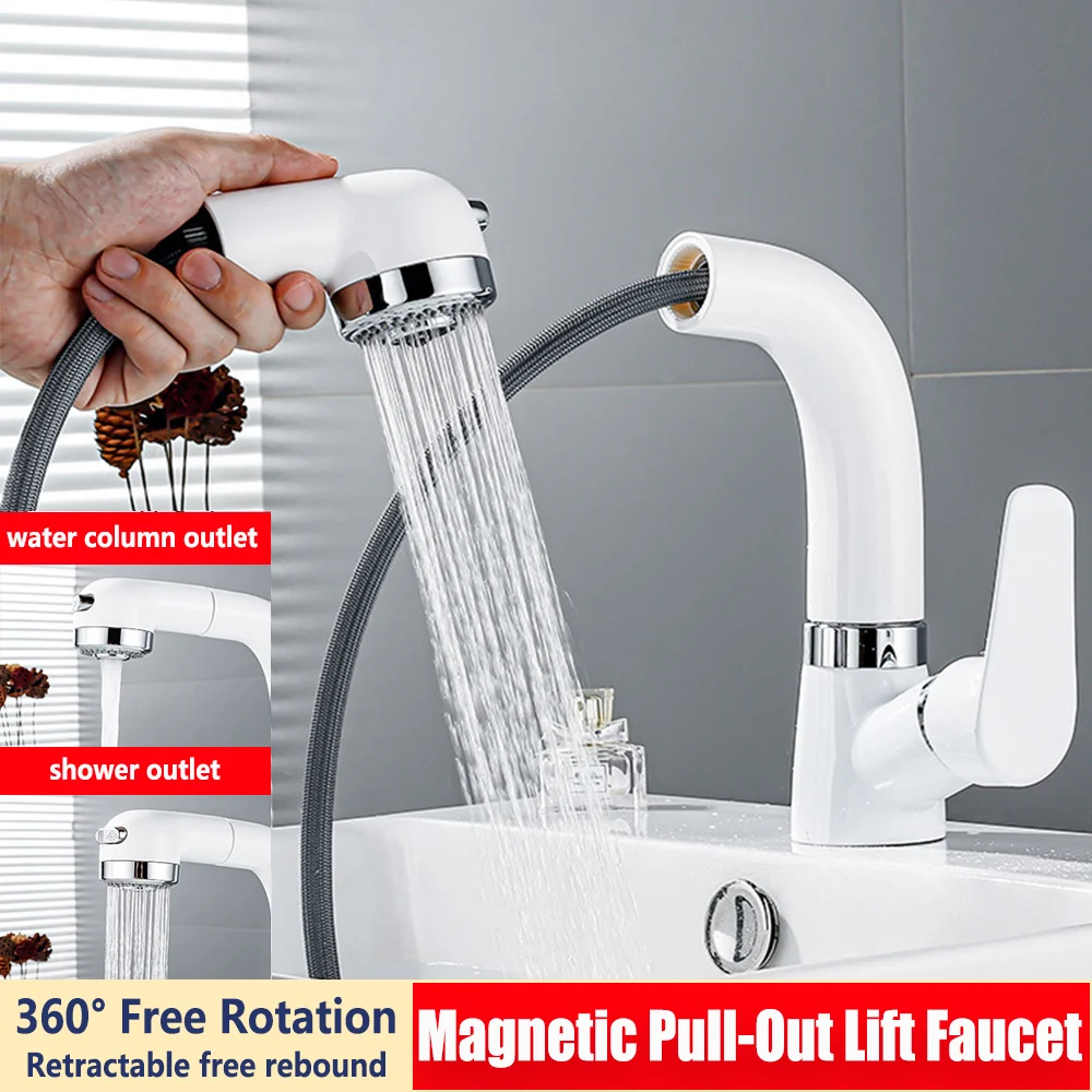 Bathroom Magnetic Pull-Out Lift Brass Basin Faucets 360° Rotate Stretchable Sink Taps Hot & Cold Deck Mounted Washbasin Mixer