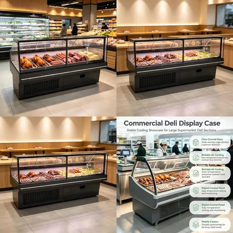 Digital Temperature Control Commercial Curved Cooked Food Refrigerator Anti Fog Glass Stew Display Cabinet for Supermarket
