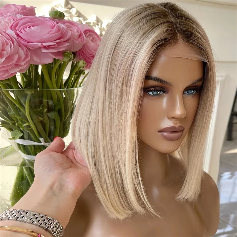 

Glueless Wigs Human Hair Short Bob Wig Ombre Ash Blonde Lace Front Wigs Dark Roots Colored Wig Straight 100% Real Human Hair Wig