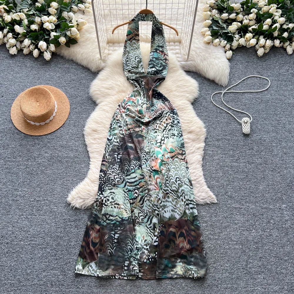 Chic vintage scollo a V increspato senza schienale sottile elegante fata moda coreana Boho vestito estivo abbigliamento donna Abito lungo