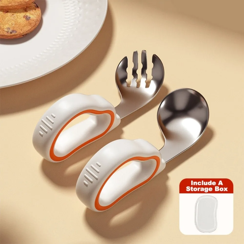 Silicone Baby Fork and Spoon Set 316 Stainless Steel with Storage Box Baby Cutlery Short Handle Self Feeding Child Tableware