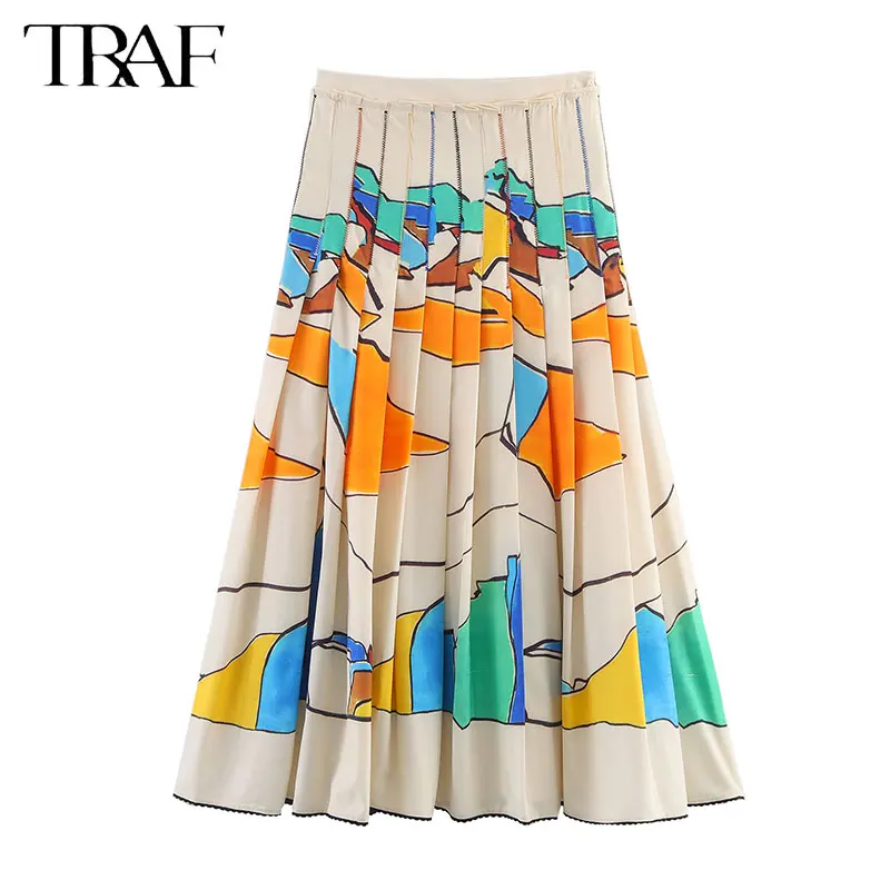 

TRAF 2025 Women Printed Pleated Skirt Autumn Fashion Mid Waist Women's Skirt Side Zippy Zipper Female Skirts