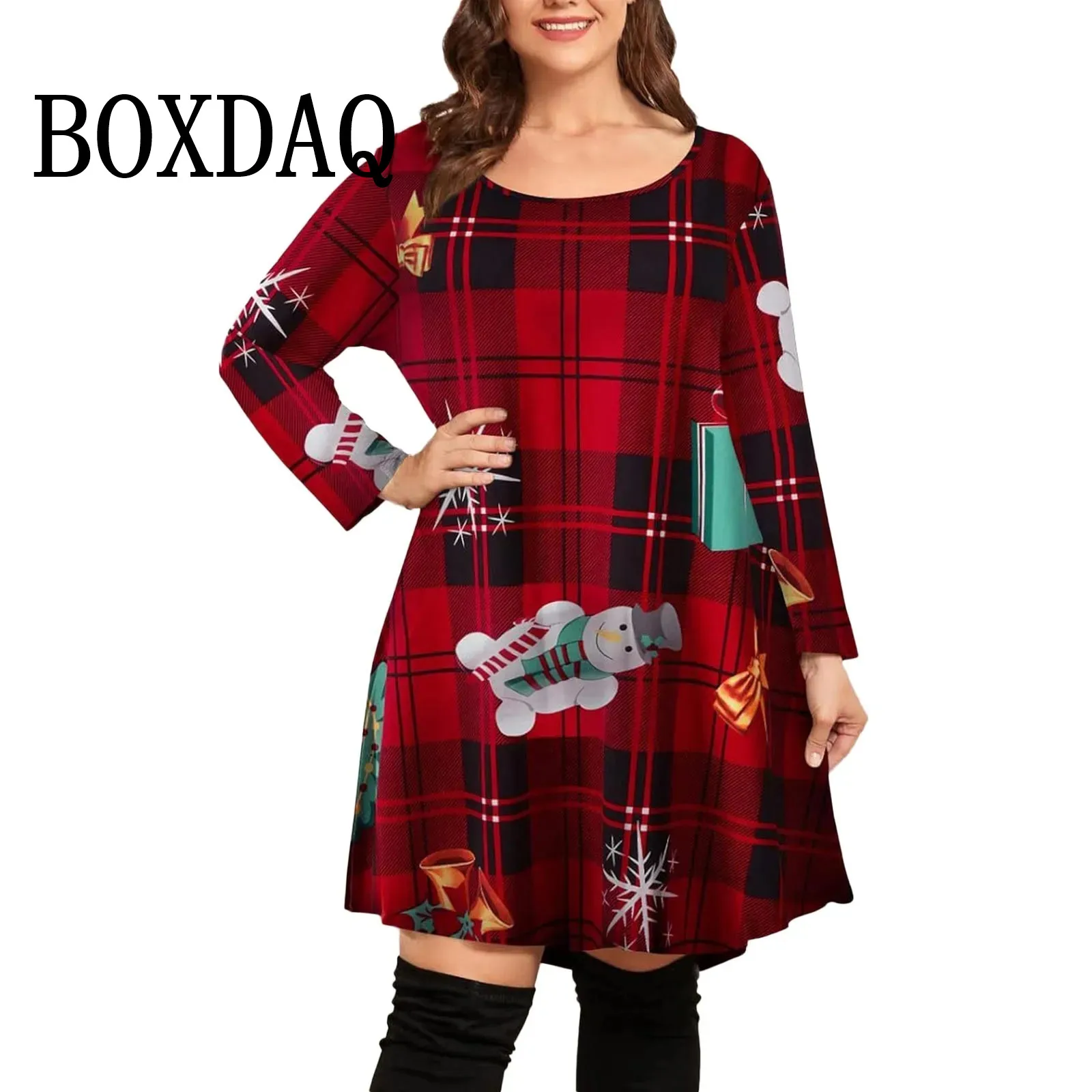 Casual Christmas Dress For Women Plaid Long Sleeve Christmas 3D Printed Loose A-Line Dress Plus Size Autumn Winter Dresses 9XL