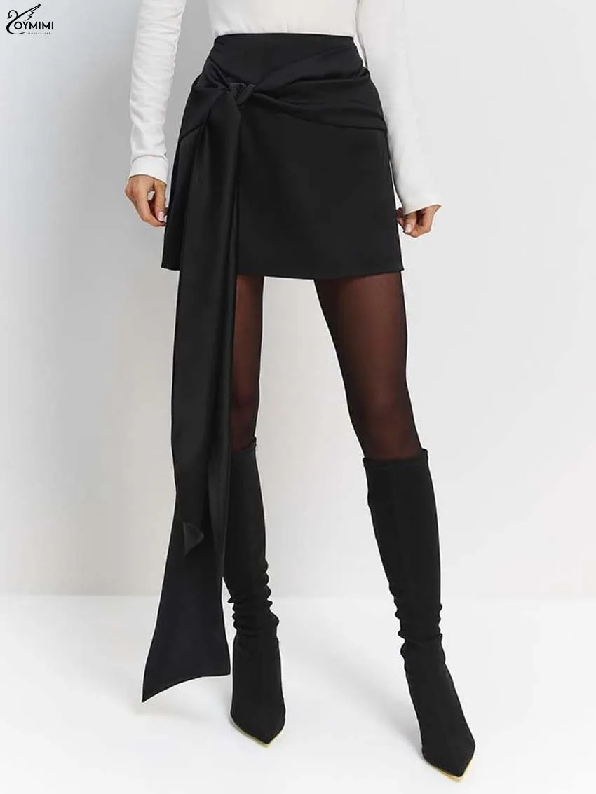 

Oymimi Fashion Black Slim Women's Skirt Elegant High Waisted Lace-Up Skirts Summer Casual Zipper Mini Skirts Female Streetwear