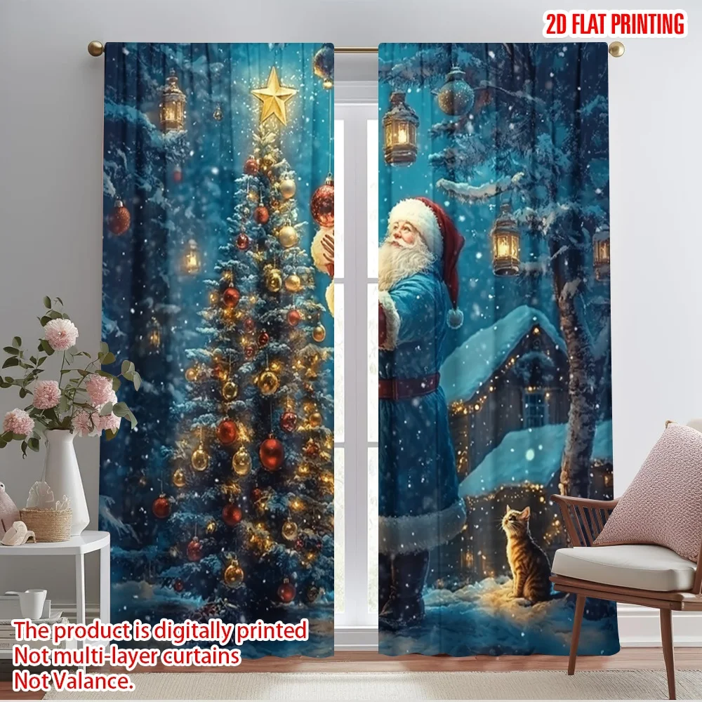 2pcs,2D plane printing Minimalist Curtains Father Christmas Decorating Tree Polyester Easy Install (without rod) Art Deco