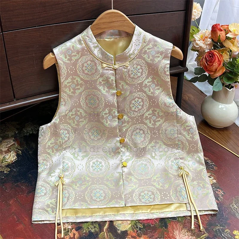 

Satin Qipao Top Women Elegant Improved New Chinese Style Tank Tops Sleeveless Hanfu Costume Coats Big Size 4Xl 5Xl Shirts
