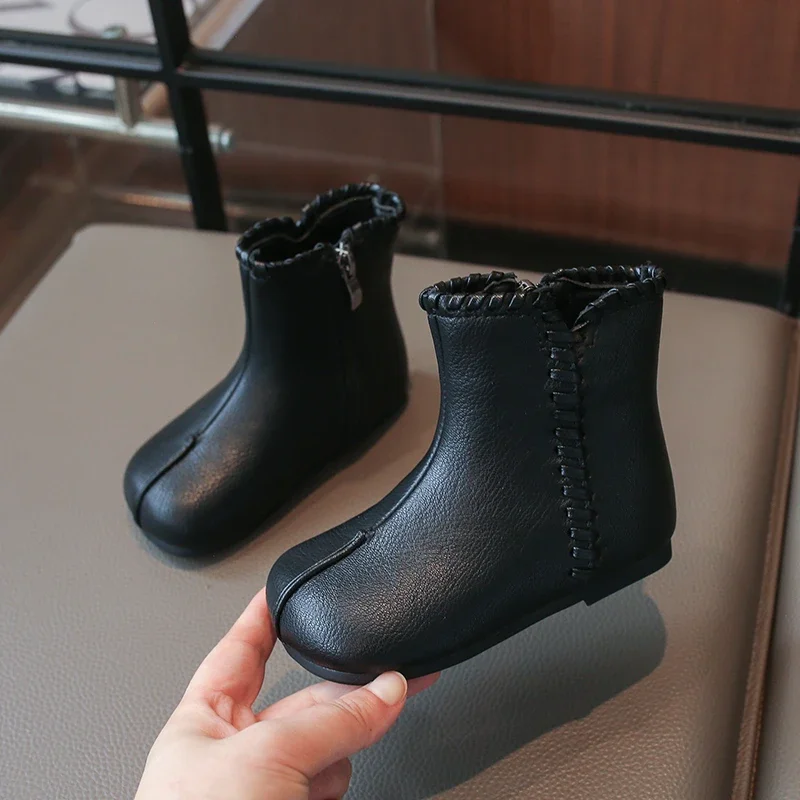 Kids Stitch Split Toe Ankle Boots, Toddler Boys Girls Vintage Faux Leather Short Boots Whipstitch Trim, Spring Fall Casual Boots