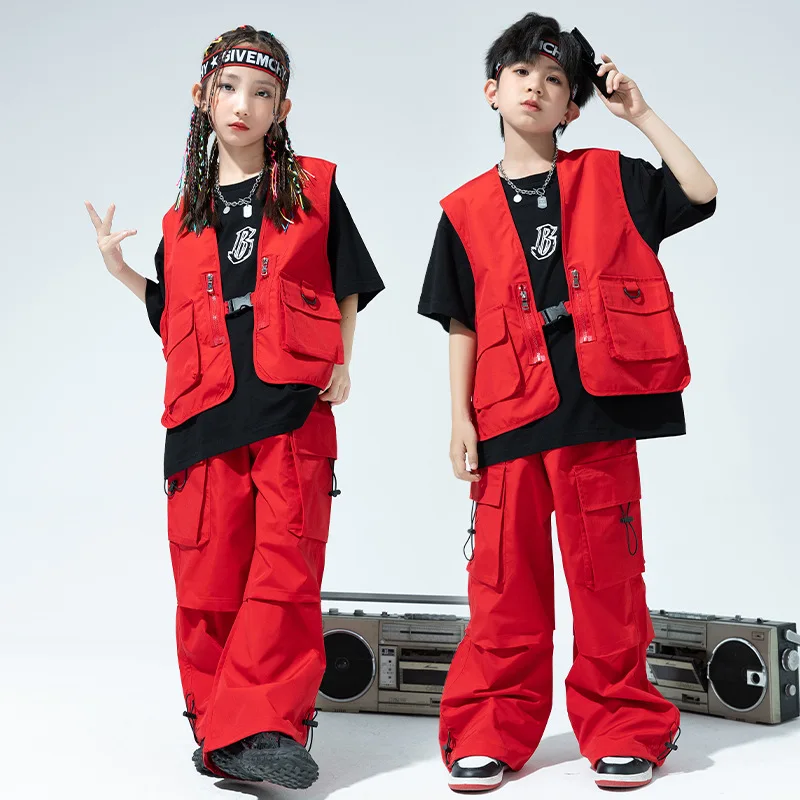 Kids Hip Hop Clothing Sets Red Waistcoat + T-shirt + Cargo Pants Teen Boys Street Dance Costumes Girls Jazz Performance Suits