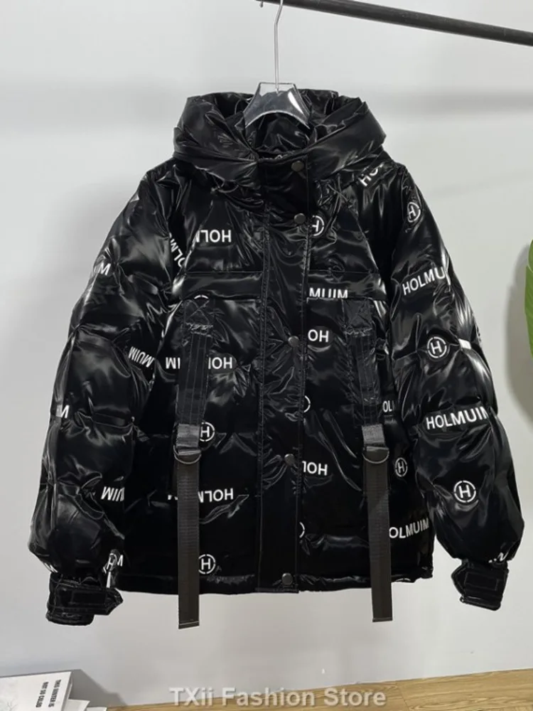 TXii Winter Glossy Shiny Puffer Jacket Women Fashion Short 90% Duck Down Coat Bright Thick Warm Parkas Letter Print Overcoat