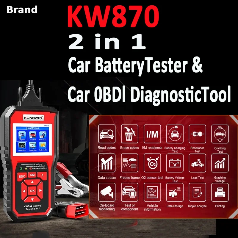 KONNWEI KW870 KW880 KW890 12V Car Battery Tester Analizer Auto Diagnostic Tool Battery Match 3 in 1 Car OBD2 Scanner Code Reader