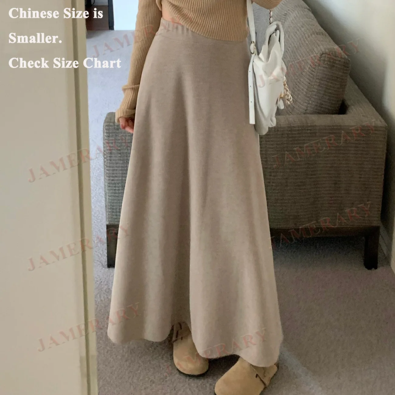 

Knitted Midi Skirt For Women Autumn Winter Elastic High Waist A-Line Thickened Flared Knitting Long Skirts Knitwear