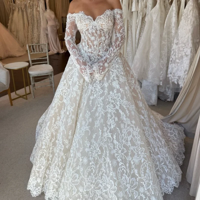 Ivory White Wedding Dresses of Off-Shoulder Decal A-Line Beadwork Glitter Crystal Decal off-shoulder Bridal Gowns Made Customize
