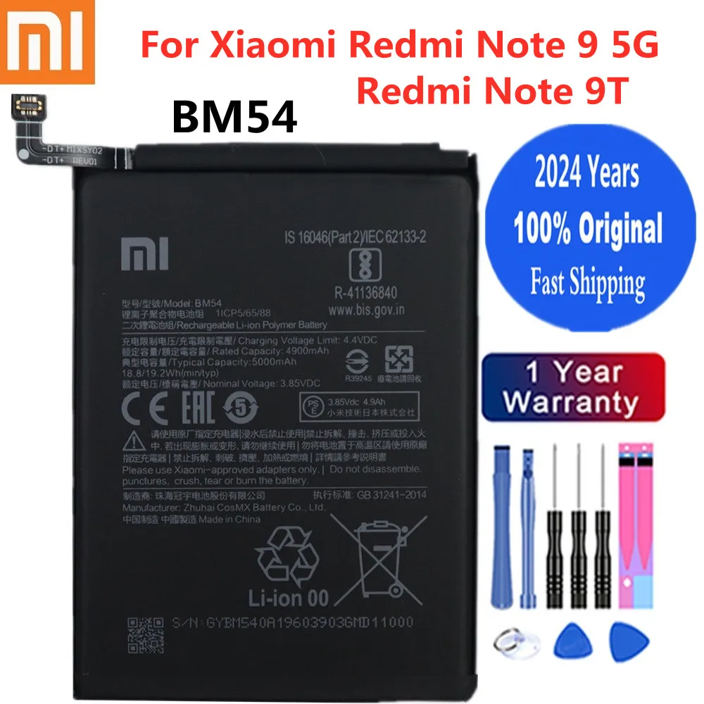 2024 Year 100% Original BM54 Battery For Xiaomi redmi note 9 5G / Note 9T MTK 800U 5000mAh High Qulity Battery Batteries Bateria