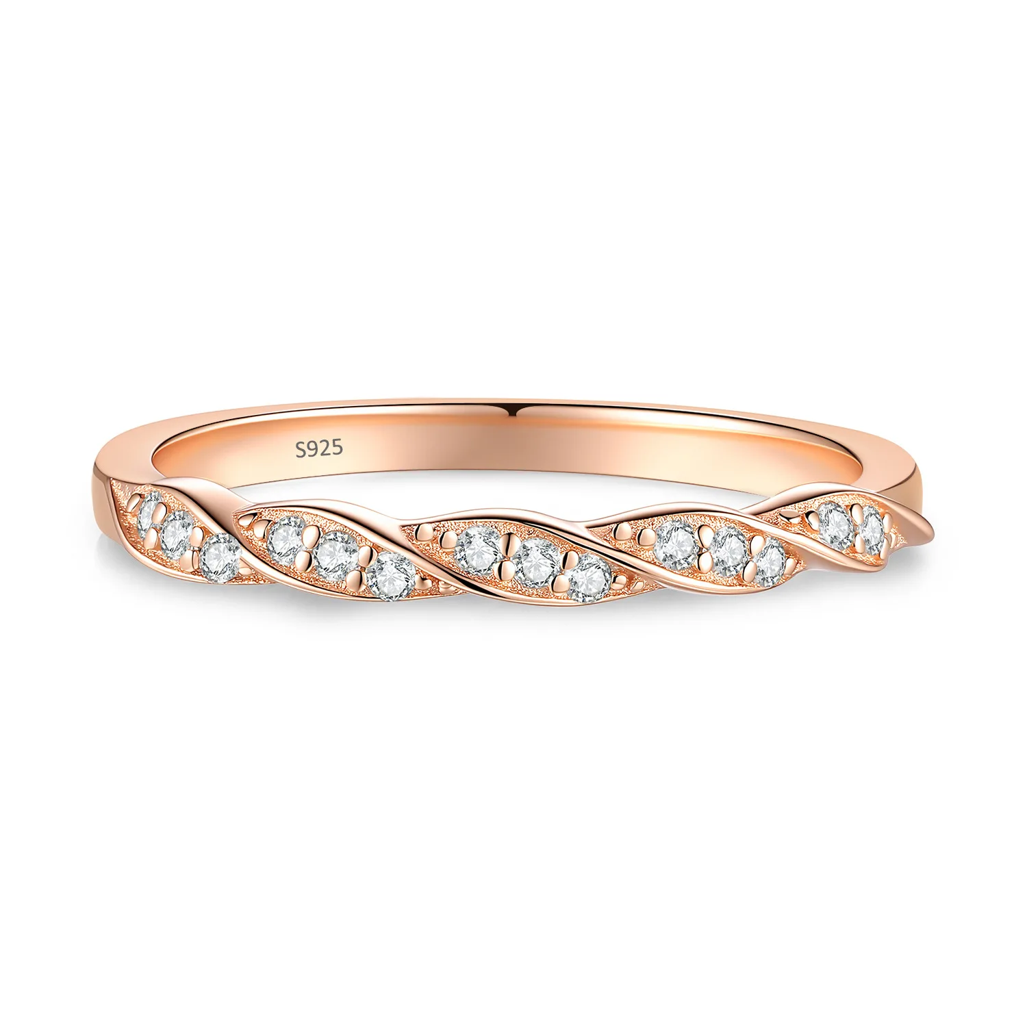 S925 Sterling Silver Twisted Moissanite Band Ring For Women D Color Rose Gold Plated Fixed Size Fine Jewelry Gift