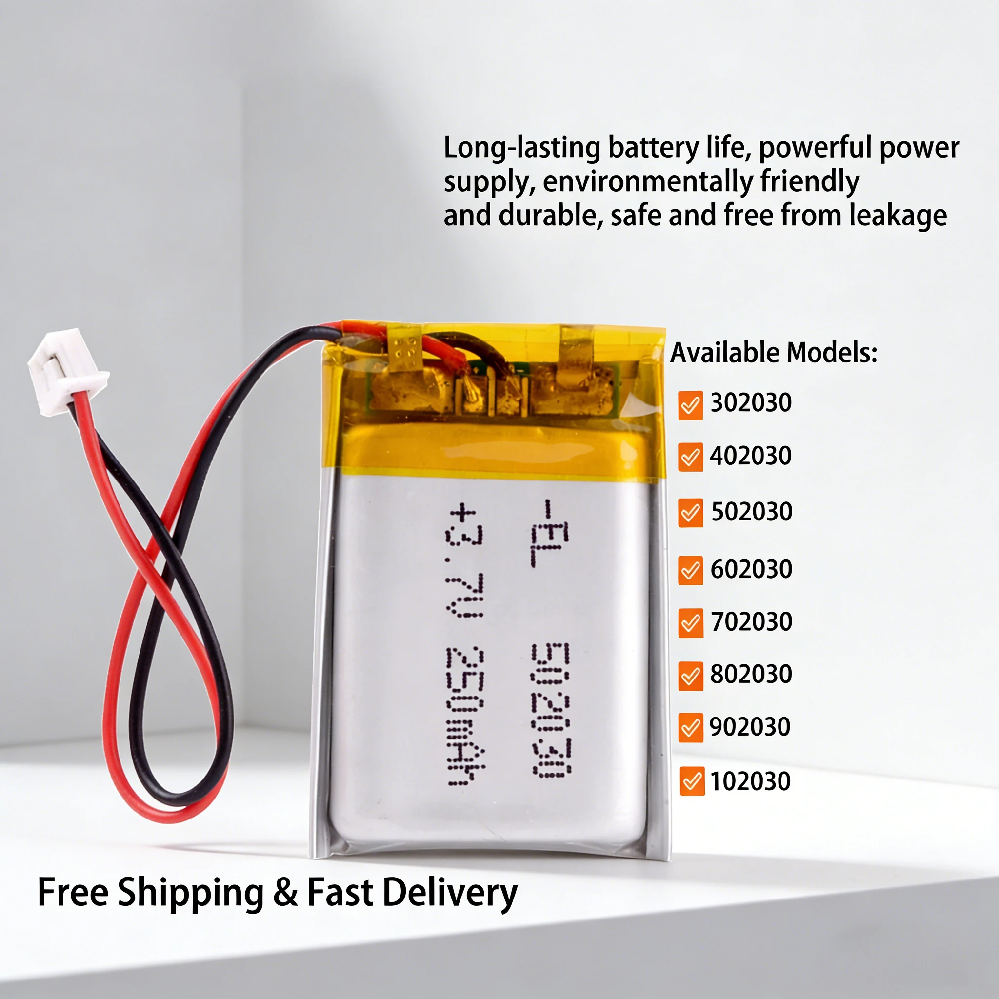 JST 1.25mm 2-Pin 3.7V Li-Polymer Battery 502030 402030 602030 802030 102030 250mAh Lipo Rechargeable Lithium Ion Cells