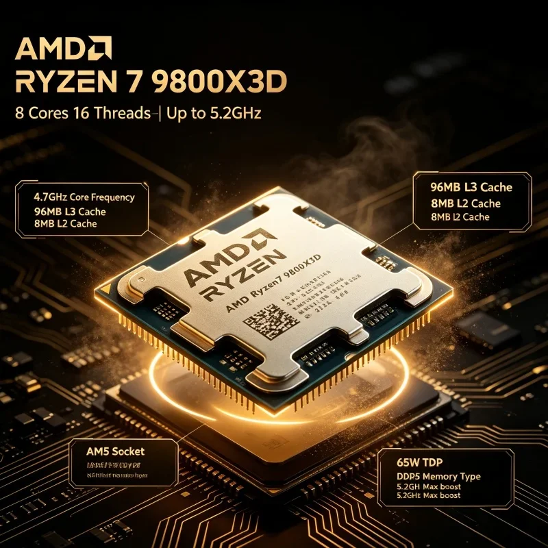 AMD Ryzen 7 9800X3D for X870 B850 Build 8 Core 16 Thread 96MB L3 Cache 5.2GHz AM5 DDR5 4nm Gaming Desktop CPU