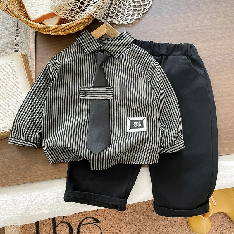 

Children Spring Autumn College Style Boys Clothes Suit Fashion Stripe Tie Shirt Pants 2Pc/Sets Toddler Kids Casual Baby Outfits