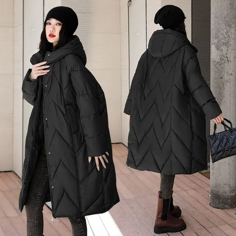 Female Thicken Warm Winter Down Cotton Jacket Medium Long Over The Knee Winter New Retro Chinese Large Size Hooded Coat