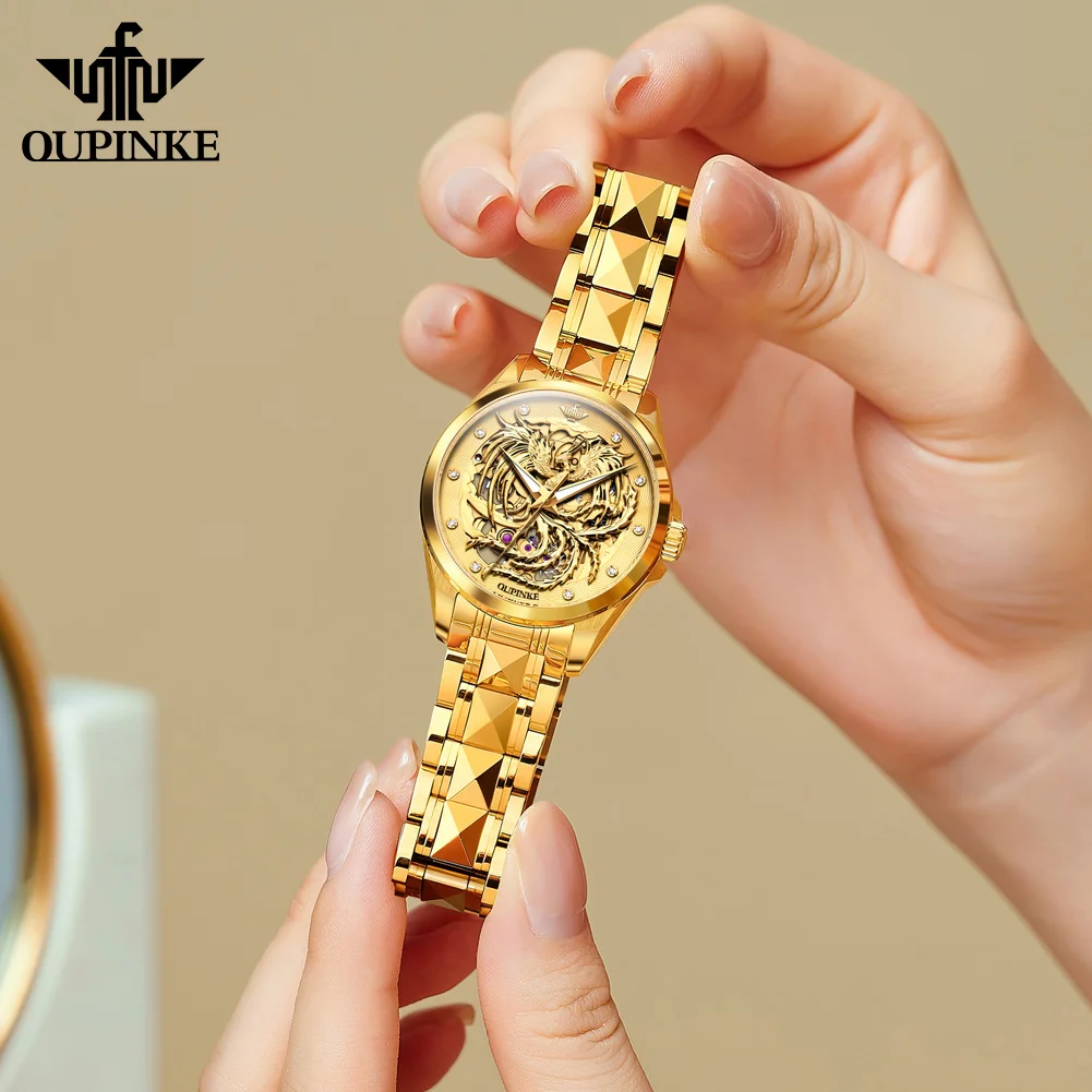 OUPINKE Automatic Mechanical Watch for Women Luxury Hollow Phoenix Dial High-end Elegant Ladies Bracelet Watches Sets Gifts 3276