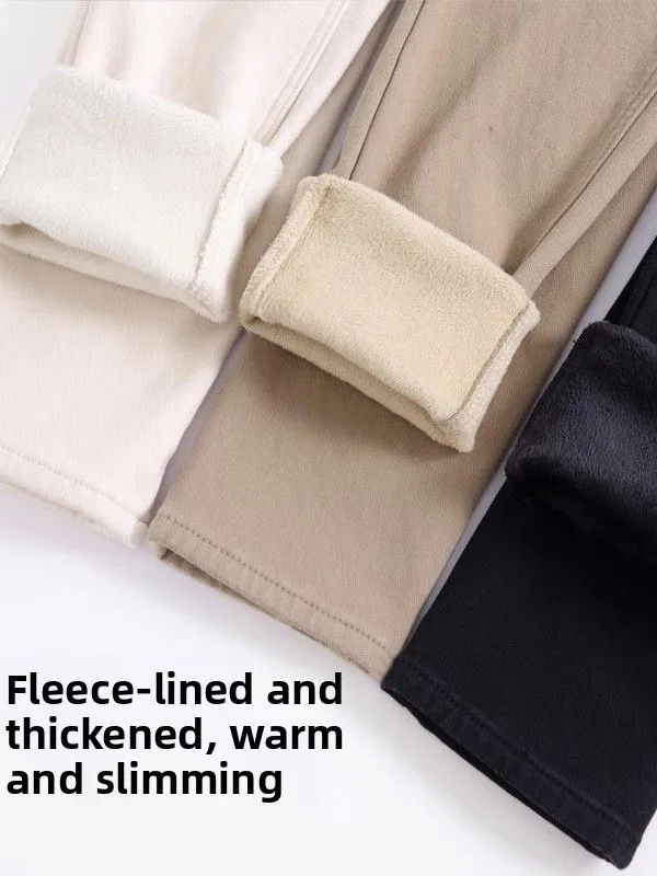 ハイウエスト厚手フリースデニムパンツ レディース ストレートレッグ カジュアル ルーズ 着痩せ 暖かい 秋色 ベージュ スモーキングパンツ