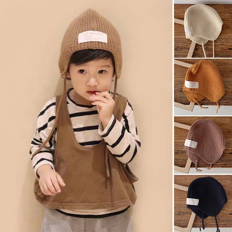 

Winter Warm Kids Ear Protection Hat Solid Color Woolen Baby Knitted Beanie 4-6year Children Earmuffs Cap Infant Headgear Bonnet