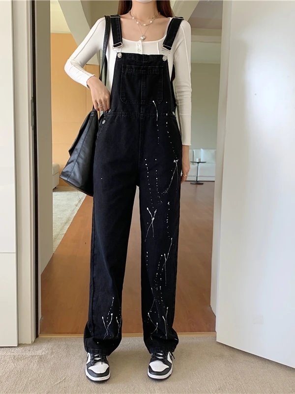 Lente Herfst 2025 Nieuwe Stijlwijde Denim Salopette Dames Hoge Taille Knoopsluiting Lange Broek Diepgekleurd