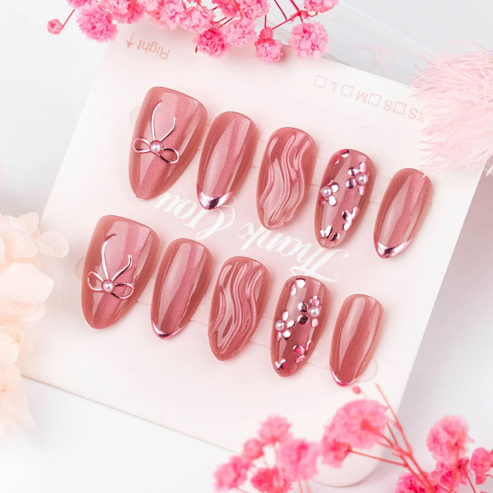 

24Pcs 3D Gilded Flower Bow French Press on Fake Nails Mid-length Almond False Nails Cat's Eye Pearl Reusable Full Cover Nail Tip