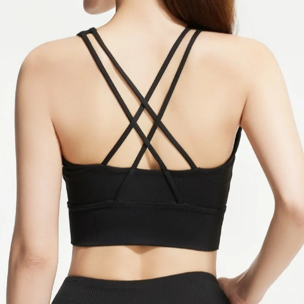 Crossover Patterned Women's Sports Yoga Bra with Fixed Pads Shockproof Yoga Underwear Bra Brassiere Lingerie Seamless Vest