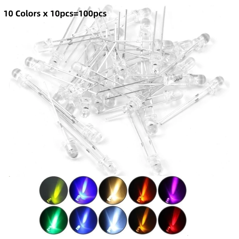 100 Stück 5mm LED-Dioden-Set Licht Emittierende Warmweiße Rote Blaue Grüne UV-Orange Gelbe Rosa Set 5 mm 2V 3V Ultra Hell