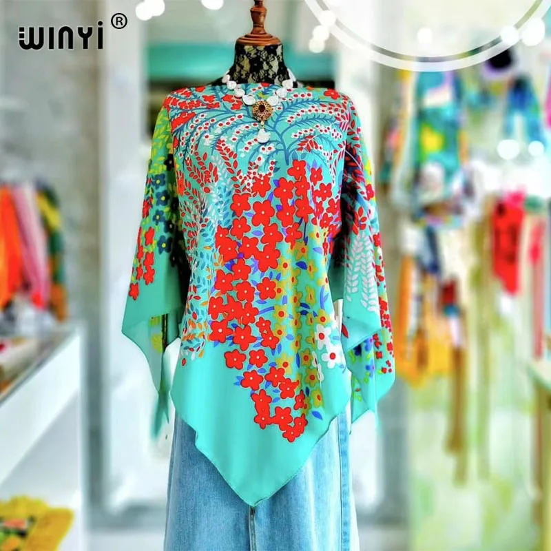 Boho Printed Silk feel Bohemian summer Batwing Sleeve top for women WINYI 2024 cover up beach women beach wear swimsuit women