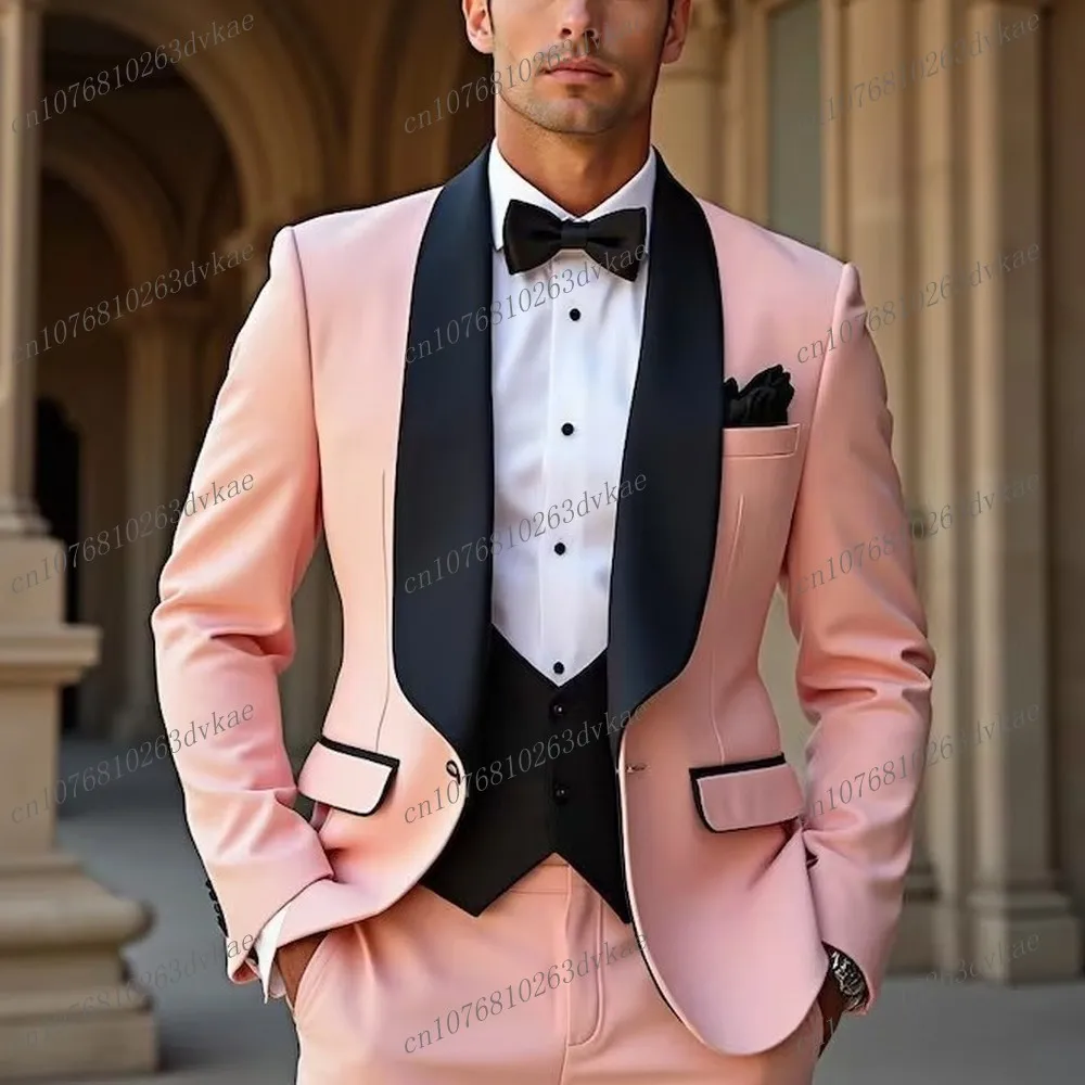 

New Pink And Black Business Men Suit Groom Groomsman Wedding Party Prom Male Tuxedos 3 Piece Set Blazer Vest Pants