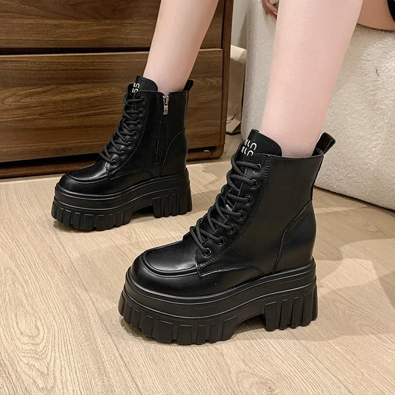 

10CM High Platform Ankle Boots Women Lace-up Combat Motorcycle Boots Punk Leather Shoes Woman Thick Soles Warm Fur Snow Boots