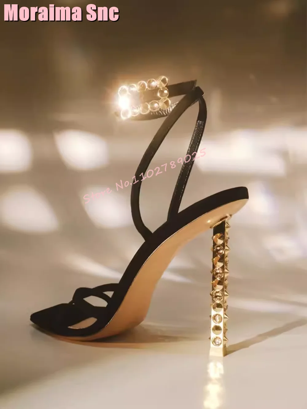 

Unique Crystal Rivet Stiletto High Heel Sandals Bling Ankle Buckle Strap Square Toe Women's Shoes Summer Banquet Party 2024 New