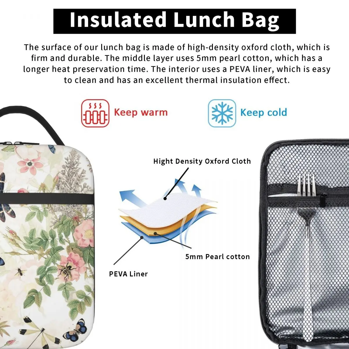 UtART Vintage Roses Spring Flower And Early Insects Botanical Insulated Lunch Bag for Women Kids Food Boxes Thermal Lunch Box
