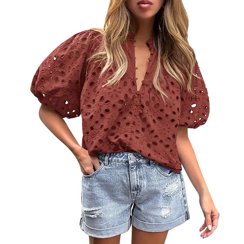 Vrouwen V-Hals Shirt Met Knoop Voor Dames Blouse Stijlvolle Zomer Tops V-Hals Lantaarn Mouw Shirt Geborduurde Blouse Streetwear