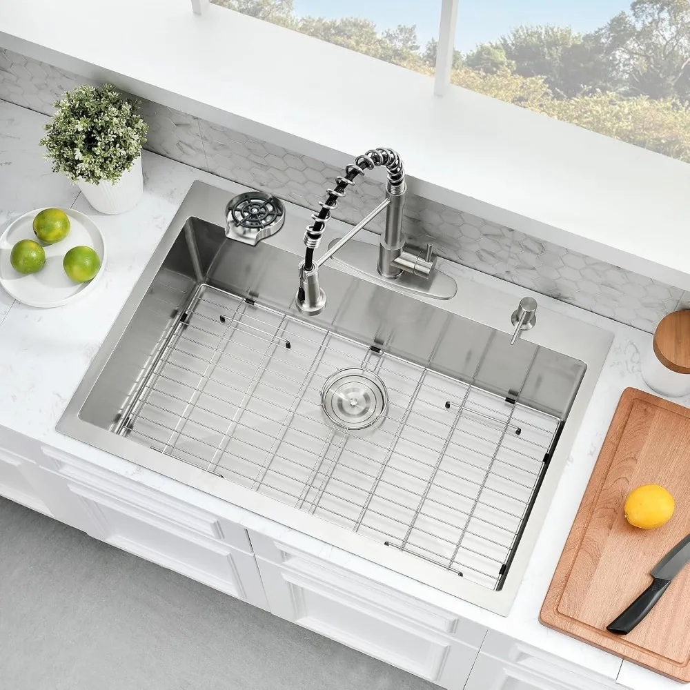 33×22インチ ドロップイン キッチンシンク 蛇口付き - ステンレス製 キッチンシンク ドロップイン カップウォッシャー付き、深さ9インチ シングルボウルキット