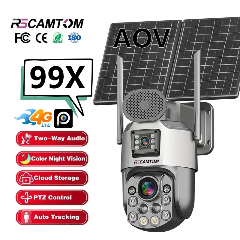 Rscamtom 4MP Dual Lens Network Camera Security 99X Auto Zoom AI Motion Detection Alarm 4G Solar Security Camera