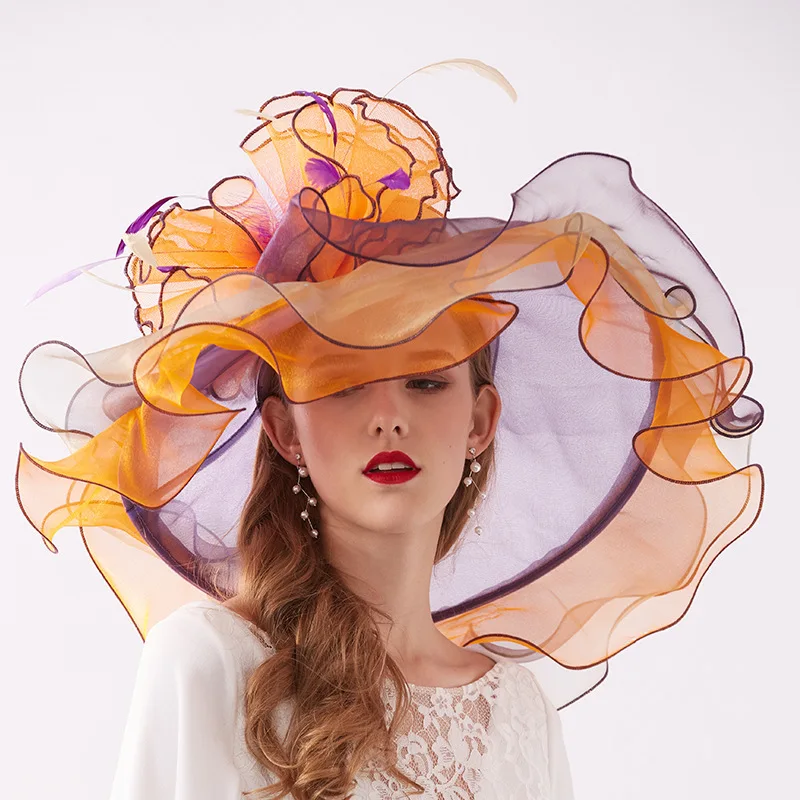 Summer Organza Kentucky Derby Hats For Women Elegant Fascinator Hats Ladies Large Wide Brim Church Wedding Hat With Big Flower