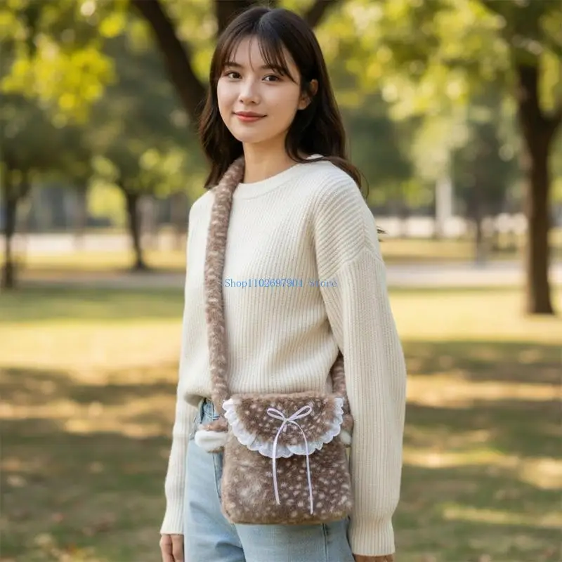 N7YF Borse a forma cervo da donna Borsa a tracolla in peluche Borsa per telefono Borse per animali